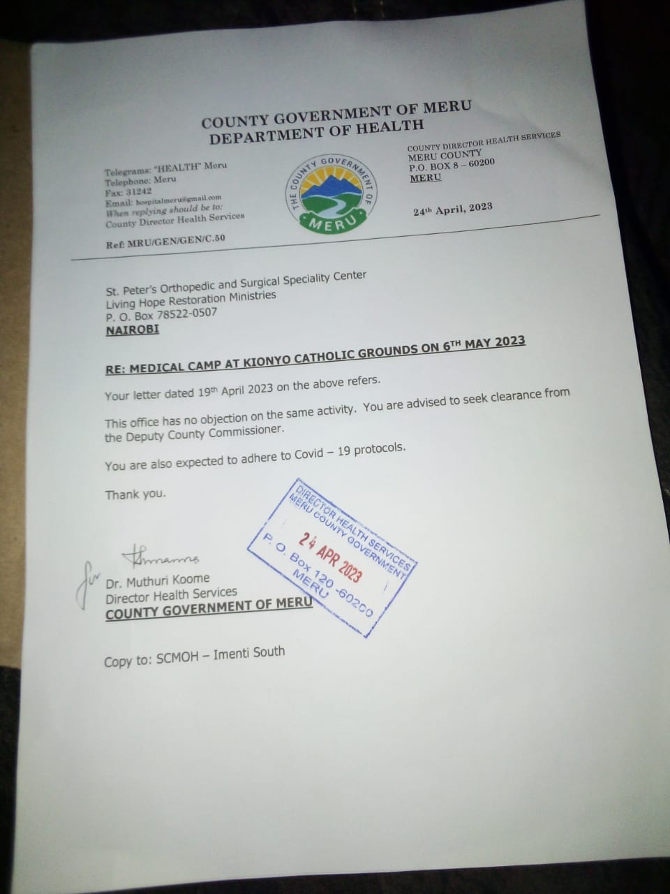 St Peters Orthopaedic Meru County Approval Letter